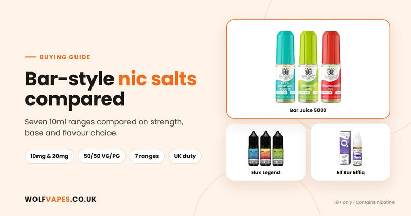 Elux Legend, Bar Juice 5000 and Elf Bar Elfliq 10ml nic salt bottles compared