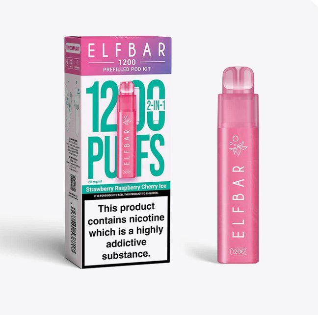 2 in 1 Elfbar 1200 Puffs Prefilled Pod Kit - Wolfvapes.co.uk-Strawberry Raspberry Cherry Ice