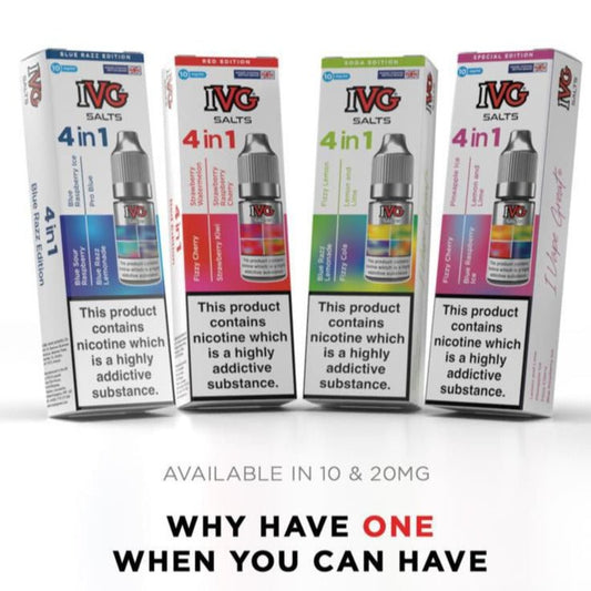 4 in 1 IVG Nic Salt 10ml E-liquids Pack of 10 | 4 Flavours - Wolfvapes.co.uk-Blue Razz Edition