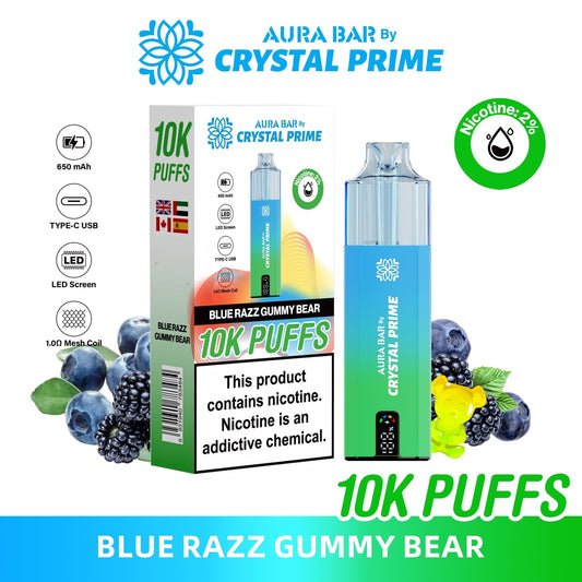 Aura Bar 10000 Disposable Vape By Crystal Prime - Pack of 5 - Wolfvapes.co.uk - Blue Razz Gummy Bear