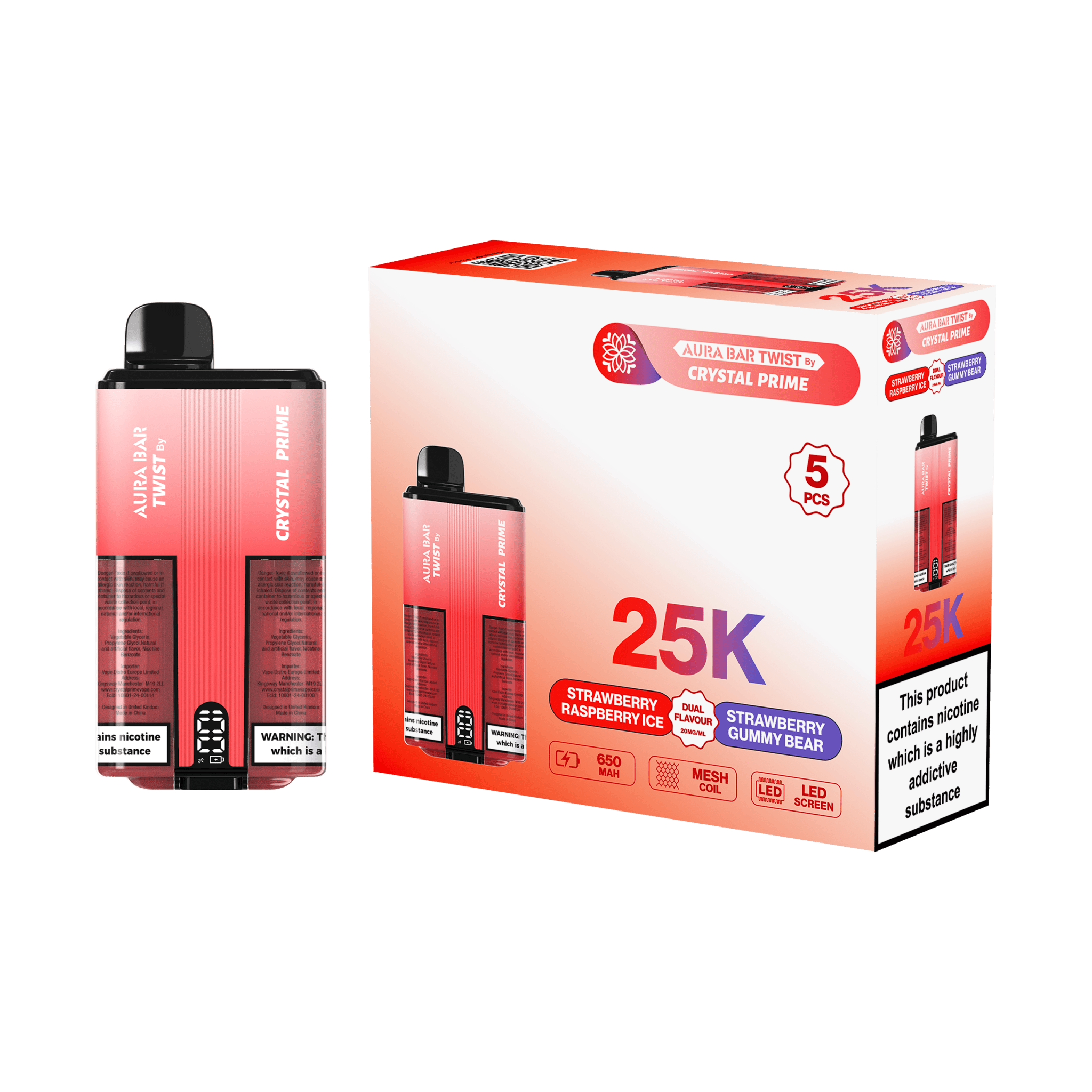 Aura Bar Twist 25000 Disposable Vape By Crystal Prime - Pack of 5 - Wolfvapes.co.uk - Strawberry Raspberry Ice - Strawberry Gummy Bear