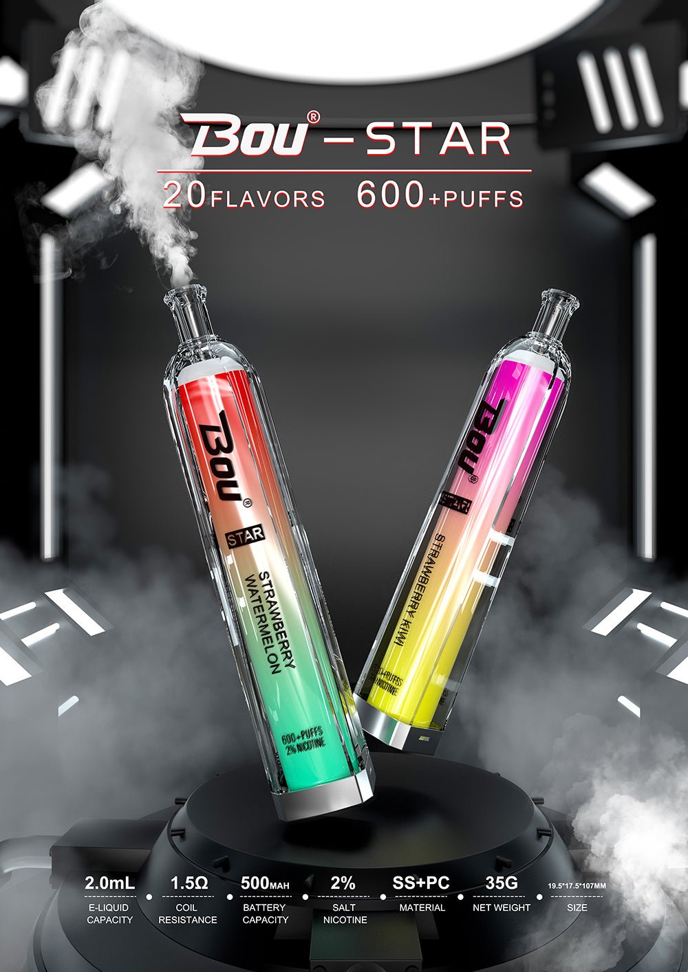 Bou Star 600 Disposable Vape Puff Bar Box of 10-Strawberry Watermelon-vapeukwholesale