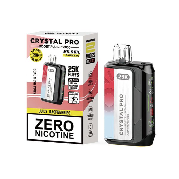 Crystal Pro Boost Plus 25k Disposable Vape Box of 5 - Wolfvapes.co.uk - Juicy Raspberries