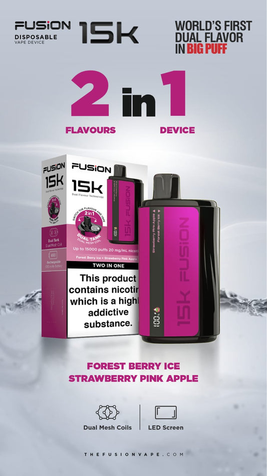 Dual Tank Fusion 15k Puffs Disposable Vape Pod Kit - Wolfvapes.co.uk-Forest Berry Ice + Strawberry Pink Apple