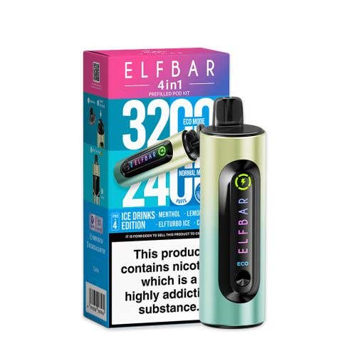 Elf Bar 4 - in - 1 3200 Prefilled Pod Kit - Box of 5 - Wolfvapes.co.uk - Ice Drinks Edition