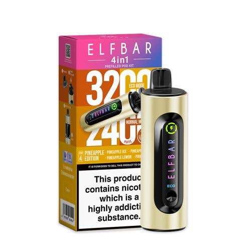 Elf Bar 4 - in - 1 3200 Prefilled Pod Kit - Box of 5 - Wolfvapes.co.uk - Pineapple Edition