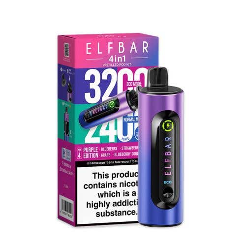 Elf Bar 4 - in - 1 3200 Prefilled Pod Kit - Box of 5 - Wolfvapes.co.uk - Purple Edition