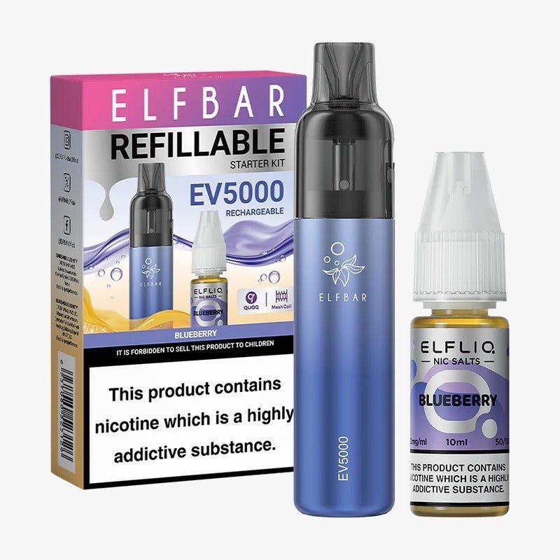 Elf Bar EV5000 Starter Kit & Elfliq Nic Salt 10ml E-Liquid Combo Pack - Wolfvapes.co.uk-Blueberry