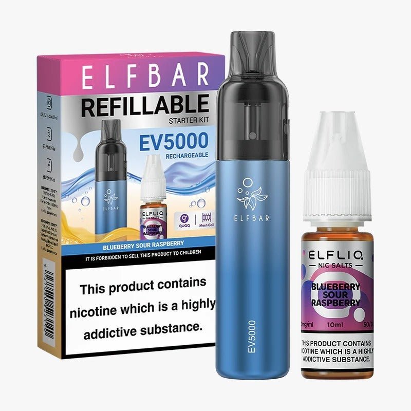 Elf Bar EV5000 Starter Kit & Elfliq Nic Salt 10ml E-Liquid Combo Pack - Wolfvapes.co.uk-Blueberry Sour Raspberry