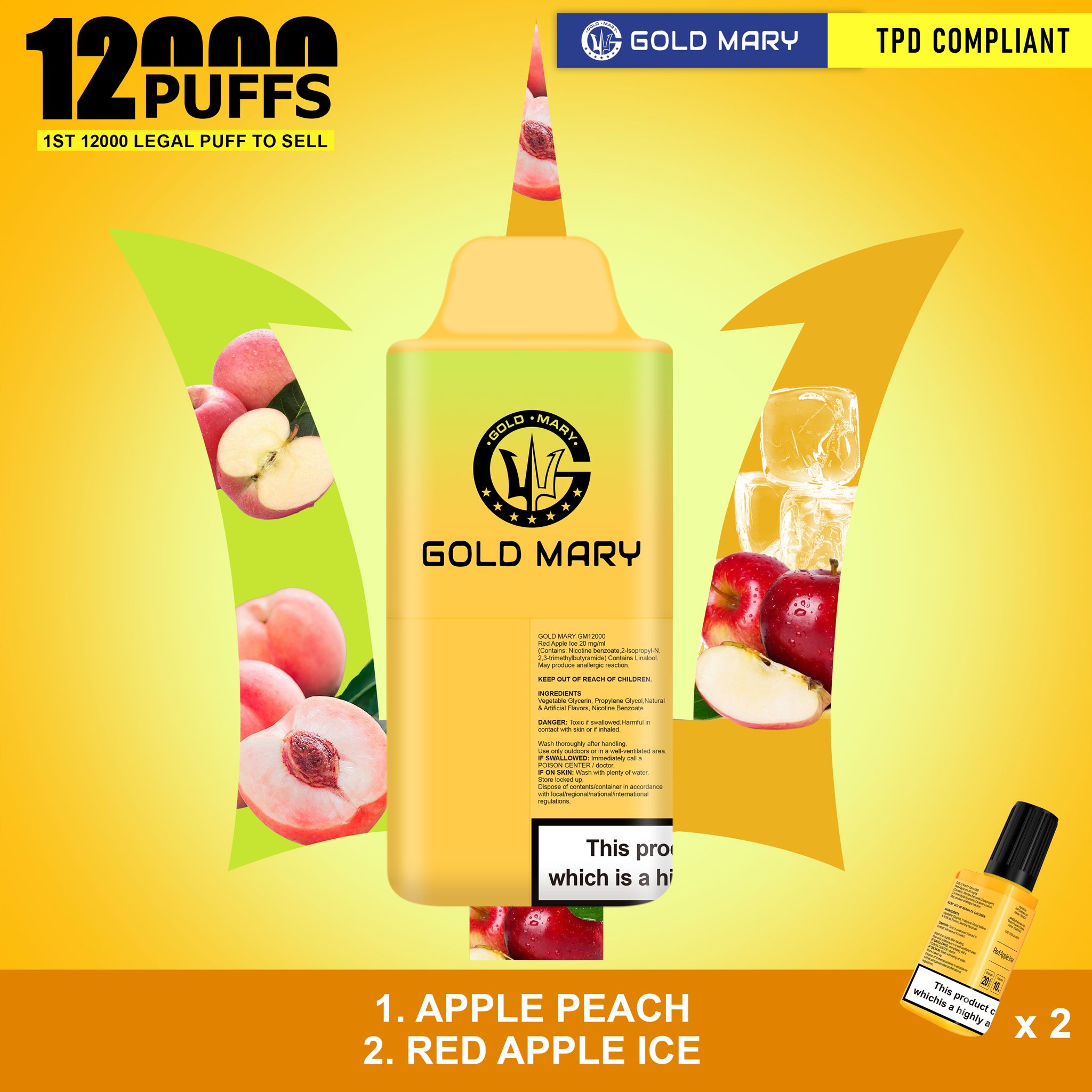 Gold Mary 12000 Puffs Disposable Vape Box of 5 - Wolfvapes.co.uk - Apple Peach/Red Apple Ice