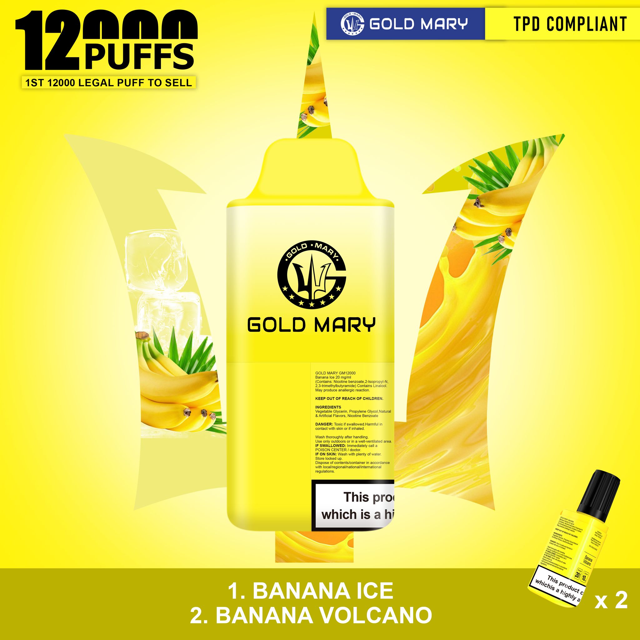 Gold Mary 12000 Puffs Disposable Vape Box of 5 - Wolfvapes.co.uk - Banana Ice/Banana Volcano