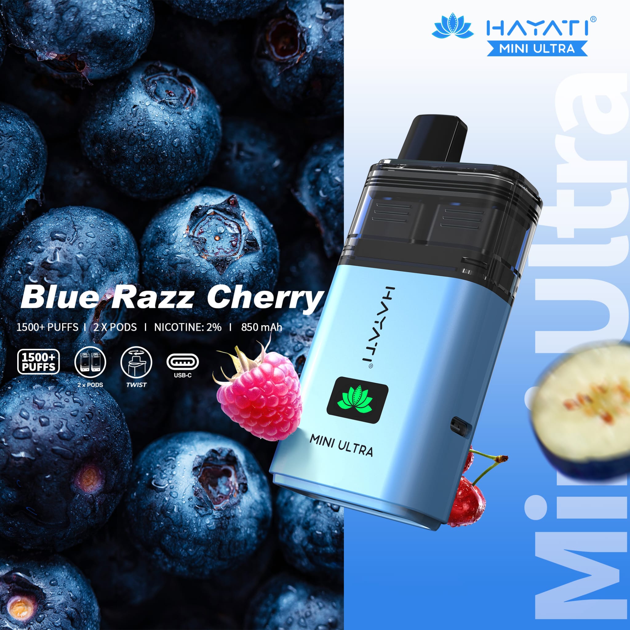 Hayati Mini Ultra 1500 Disposable Vape Box of 5 - Wolfvapes.co.uk - Blue Razz Cherry