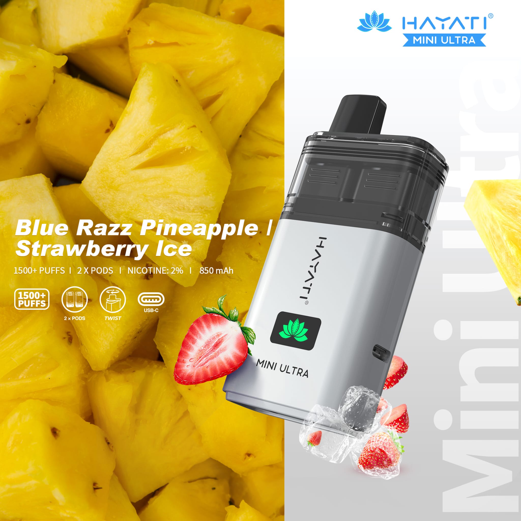 Hayati Mini Ultra 1500 Disposable Vape Box of 5 - Wolfvapes.co.uk - Blue Razz Pineapple / Strawberry Ice