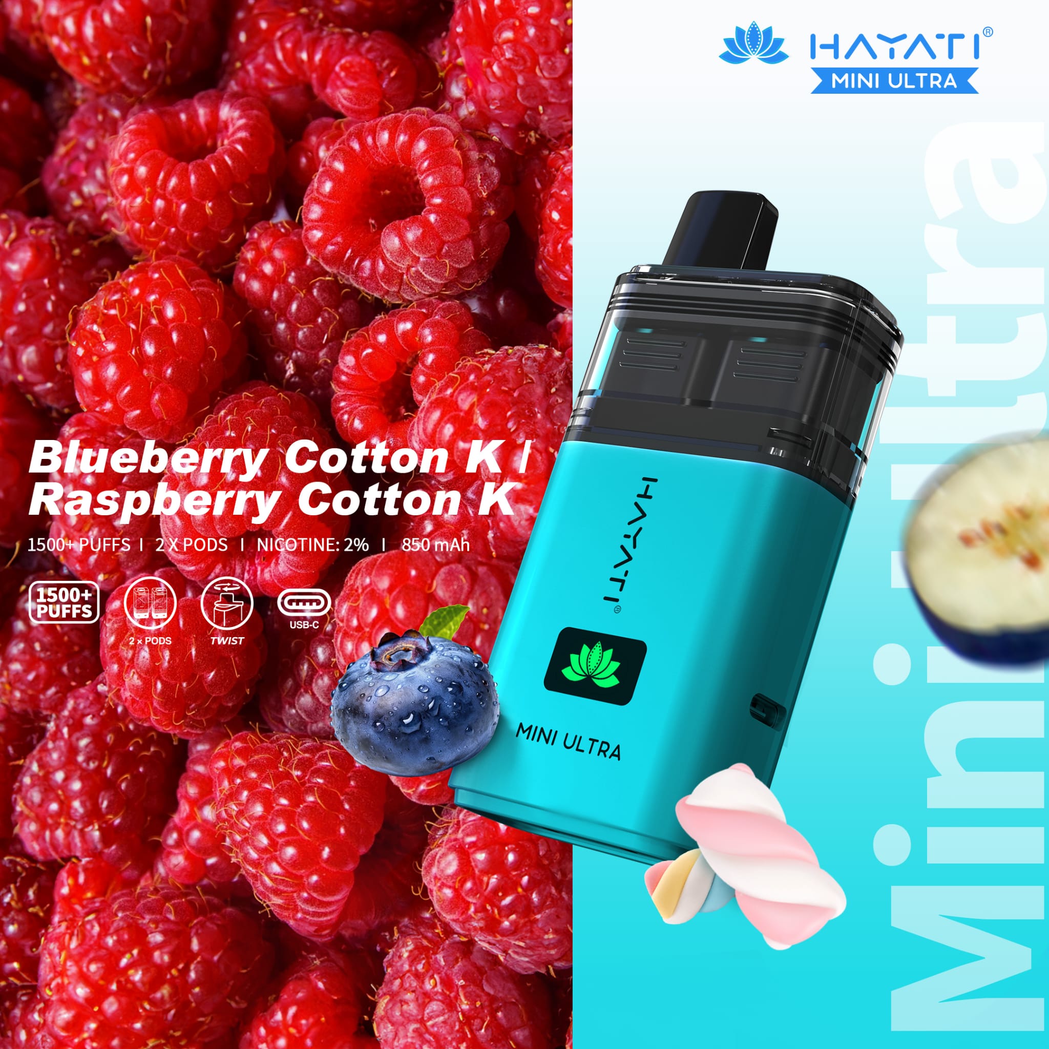 Hayati Mini Ultra 1500 Disposable Vape Box of 5 - Wolfvapes.co.uk - Blueberry Cotton K / Raspberry Cotton K