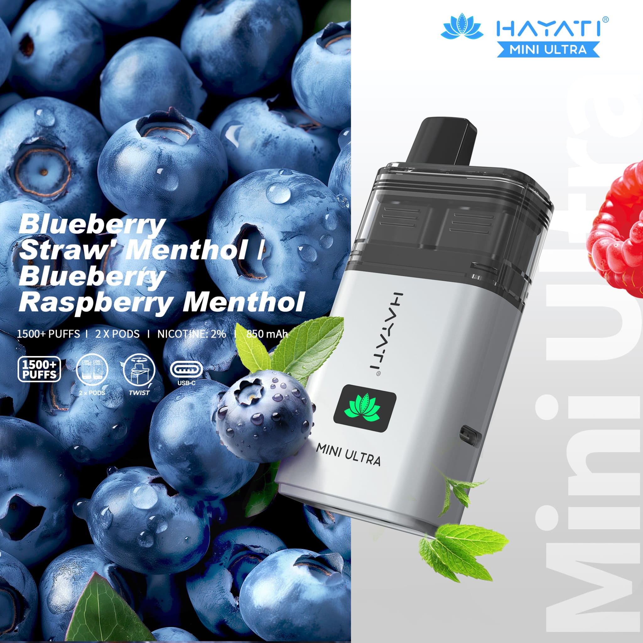 Hayati Mini Ultra 1500 Disposable Vape Box of 5 - Wolfvapes.co.uk - Blueberry Straw' Menthol / Blueberry Raspberry Menthol