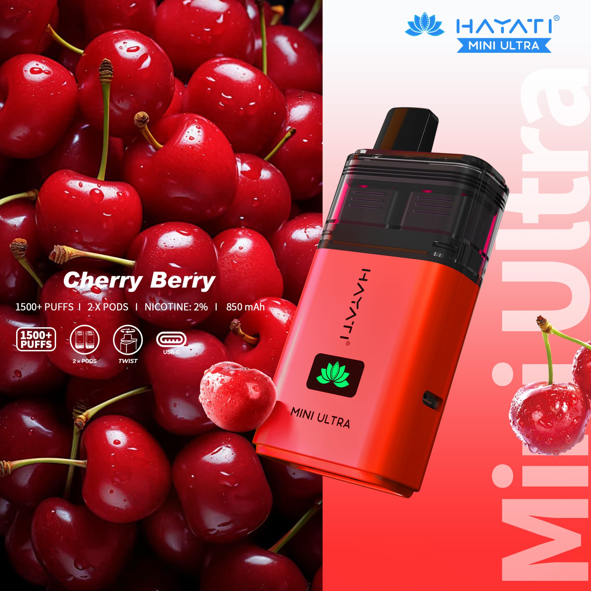 Hayati Mini Ultra 1500 Disposable Vape Box of 5 - Wolfvapes.co.uk - Cherry Berry