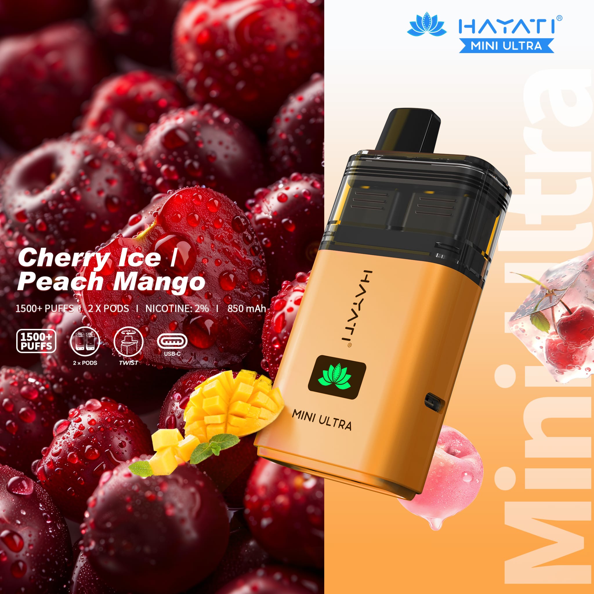 Hayati Mini Ultra 1500 Disposable Vape Box of 5 - Wolfvapes.co.uk - Cherry Ice / Peach Mango