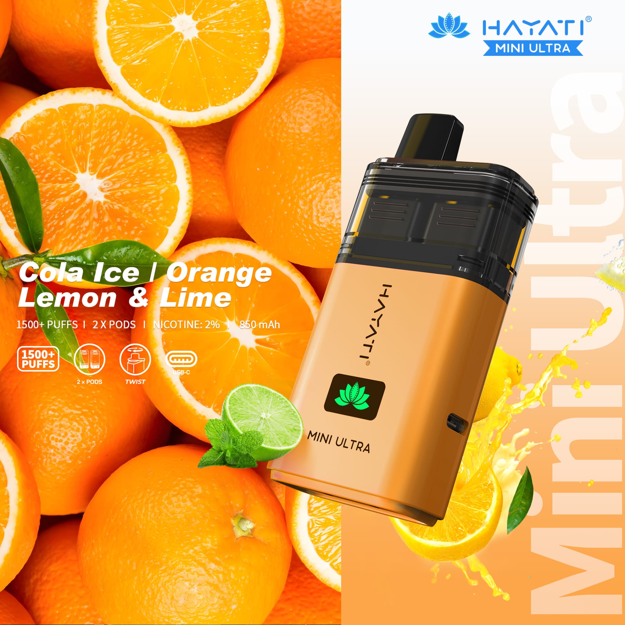 Hayati Mini Ultra 1500 Disposable Vape Box of 5 - Wolfvapes.co.uk - Cola Ice / Orange Lemon & Lime