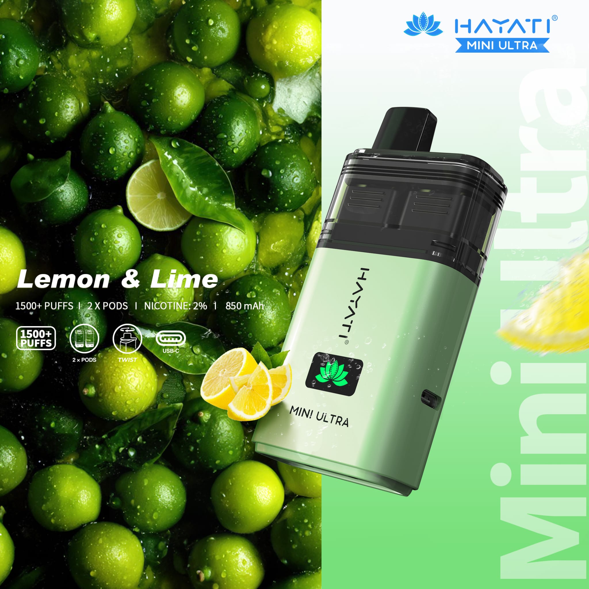 Hayati Mini Ultra 1500 Disposable Vape Box of 5 - Wolfvapes.co.uk - Lemon & Lime