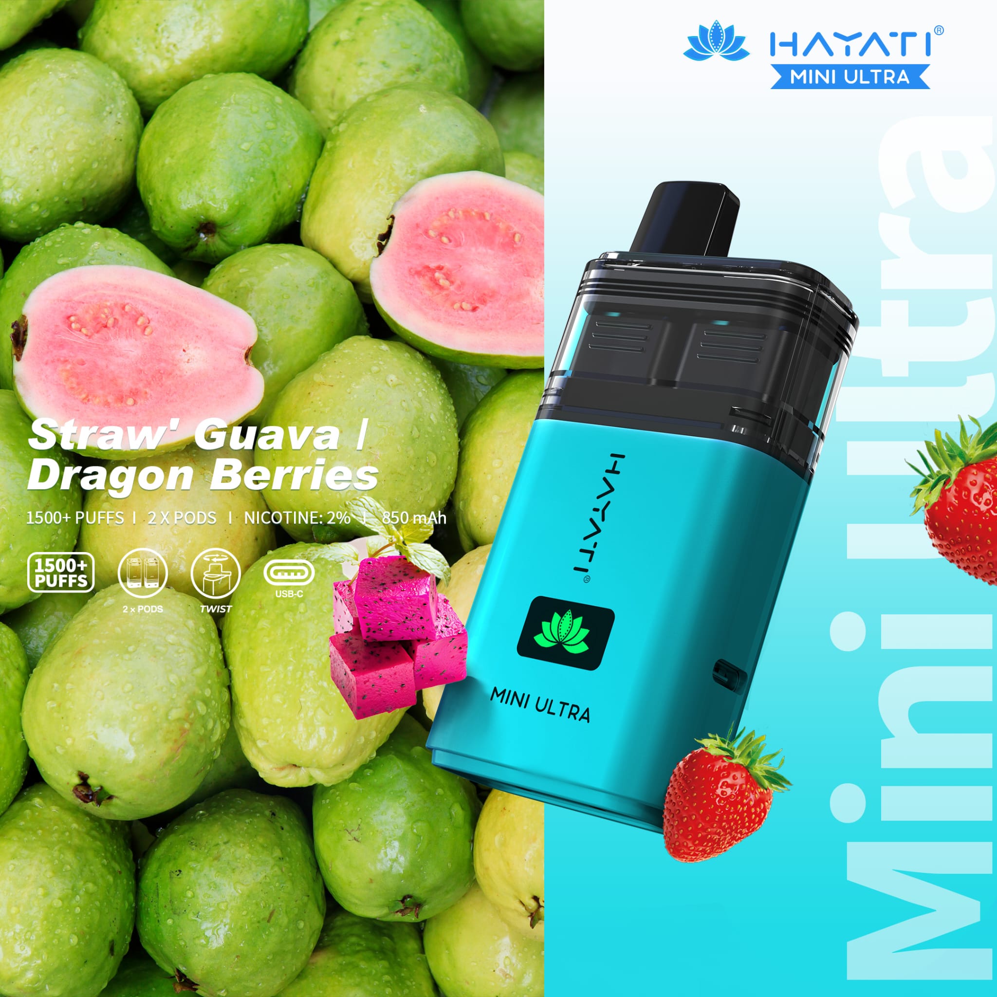 Hayati Mini Ultra 1500 Disposable Vape Box of 5 - Wolfvapes.co.uk - Straw' Guava / Dragon Berries