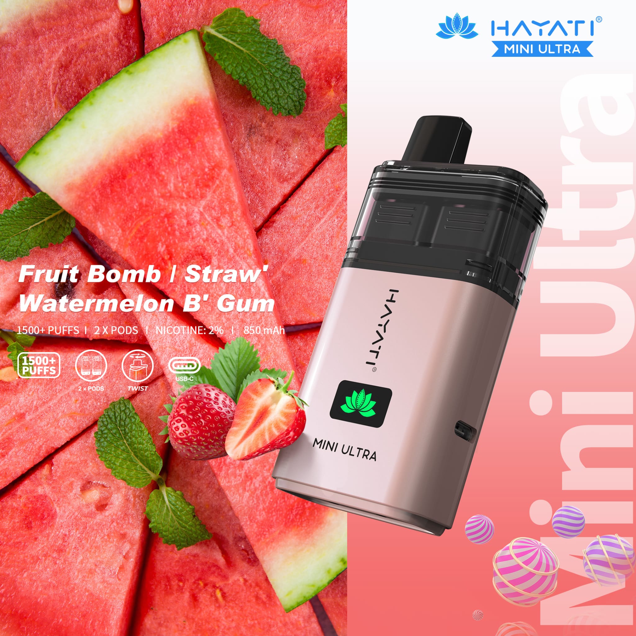 Hayati Mini Ultra 1500 Disposable Vape - Wolfvapes.co.uk - Fruit Bomb / Straw' Watermelon B' Gum