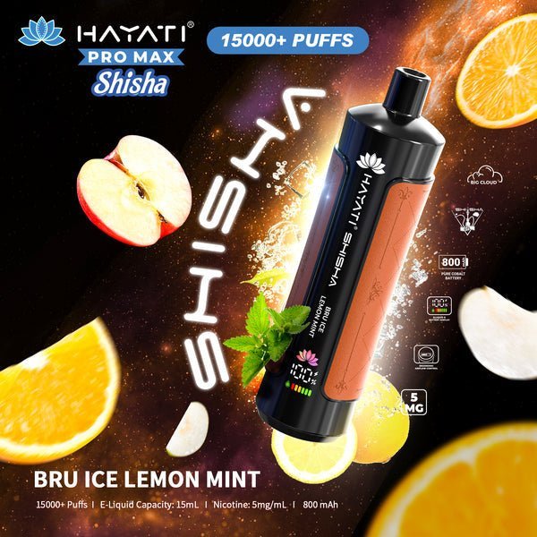 Hayati Pro Max Shisha 15000 Disposable Vape Box of 5 - Wolfvapes.co.uk - Bru Ice Lemon Mint