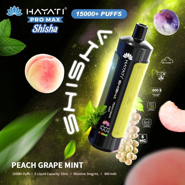 Hayati Pro Max Shisha 15000 Disposable Vape Box of 5 - Wolfvapes.co.uk - Peach Grape Mint