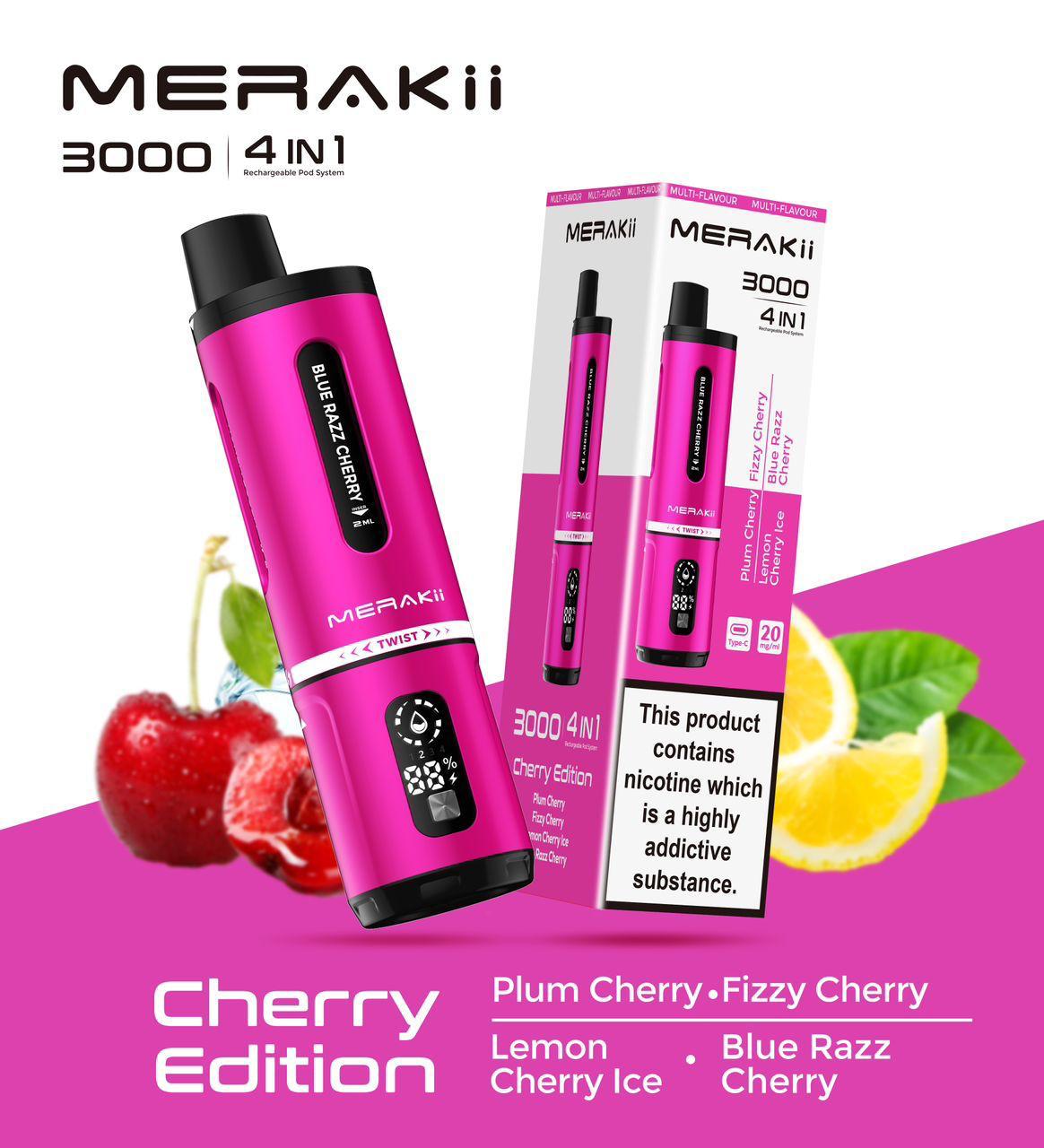 Merakii 3000 Puffs Disposable Vape 4 in 1 Pod Kit - Wolfvapes.co.uk - Cherry Edition (4 in 1)