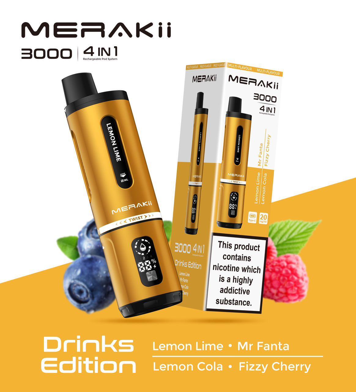 Merakii 3000 Puffs Disposable Vape 4 in 1 Pod Kit - Wolfvapes.co.uk - Drinks Edition (4 in 1)