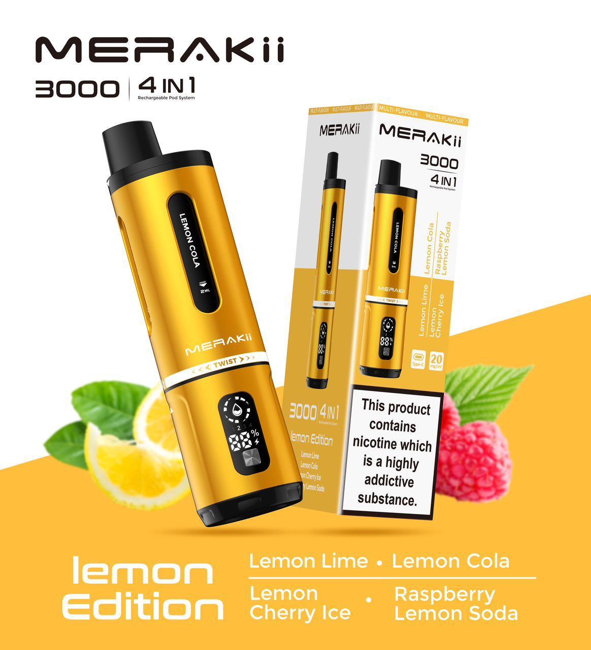 Merakii 3000 Puffs Disposable Vape 4 in 1 Pod Kit - Wolfvapes.co.uk - Lemon Edition (4 in 1)