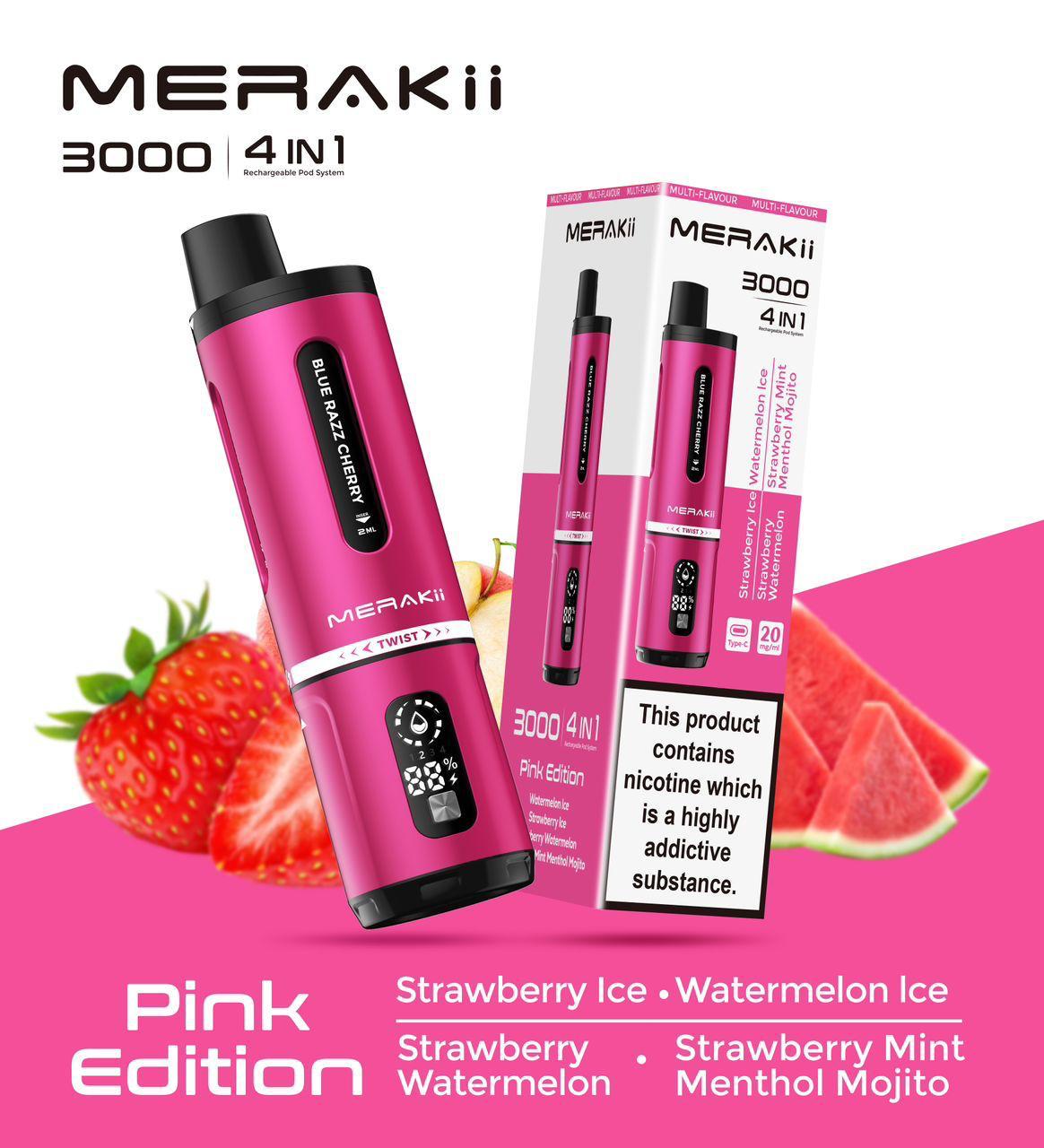 Merakii 3000 Puffs Disposable Vape 4 in 1 Pod Kit - Wolfvapes.co.uk - Pink Edition (4 in 1)