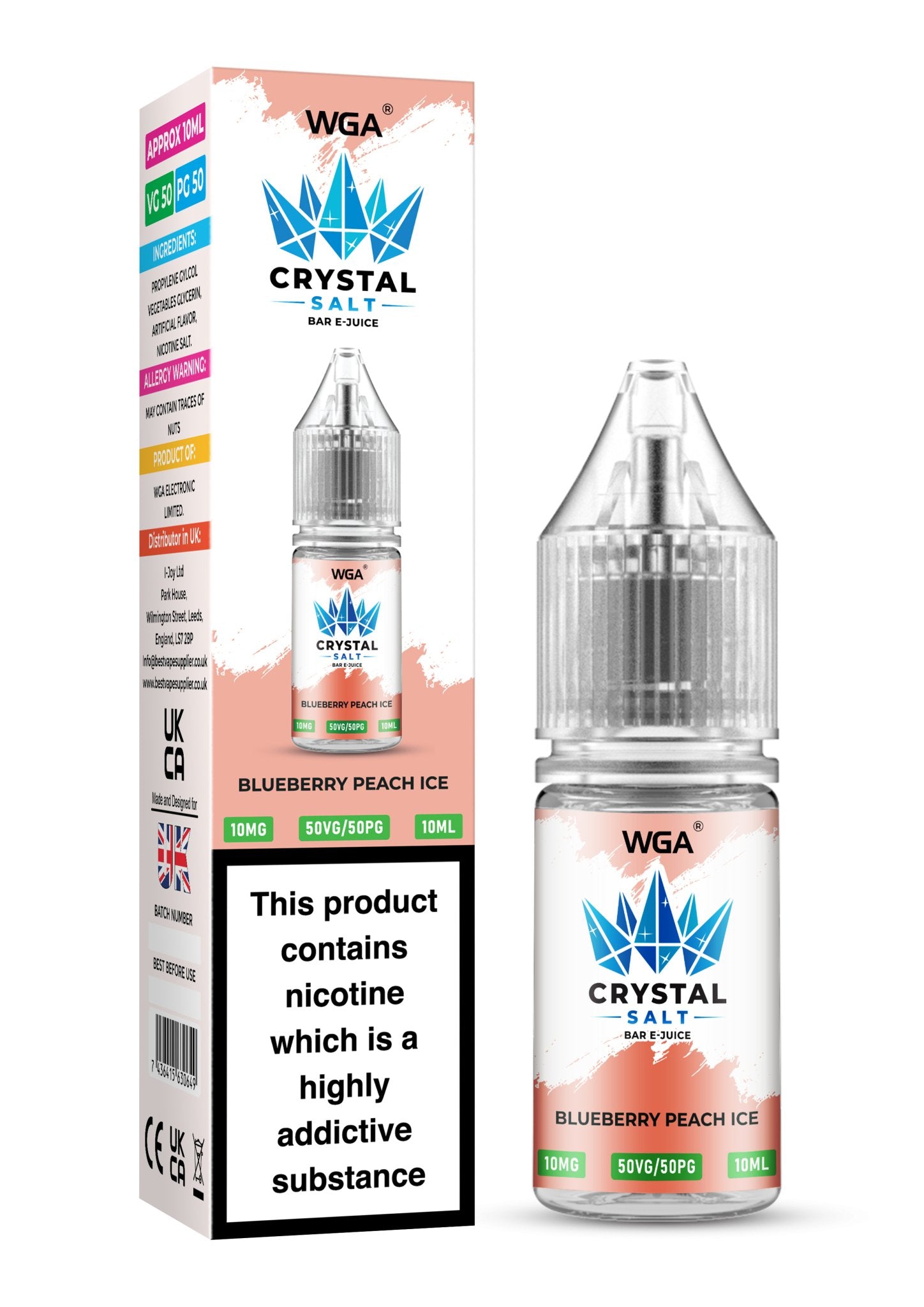 WGA Crystal Nic Salt 10ml E - Liquid Box of 10 - Wolfvapes.co.uk - Blue Peach Ice