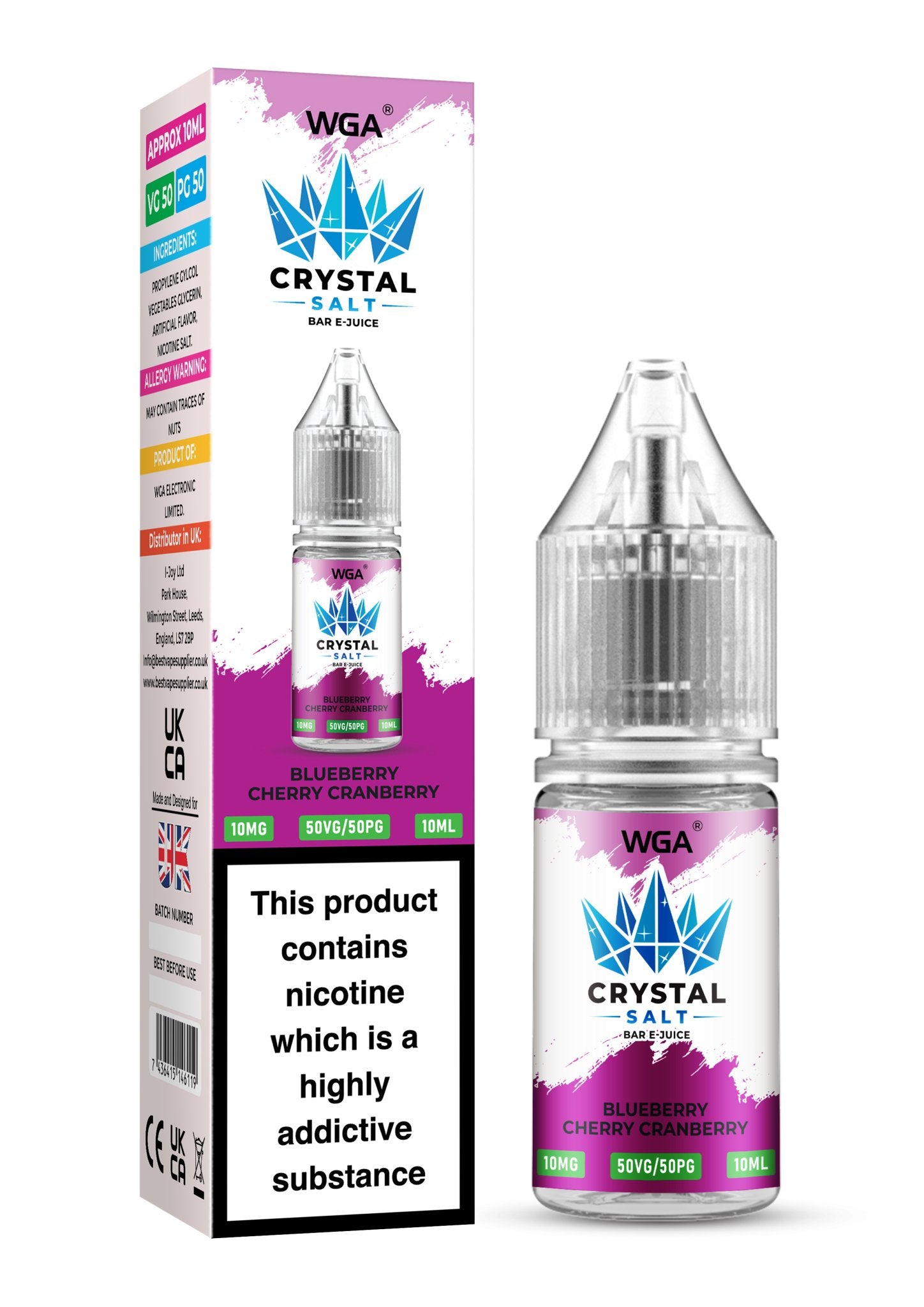 WGA Crystal Nic Salt 10ml E - Liquid Box of 10 - Wolfvapes.co.uk - Blueberry Cherry Cranberry