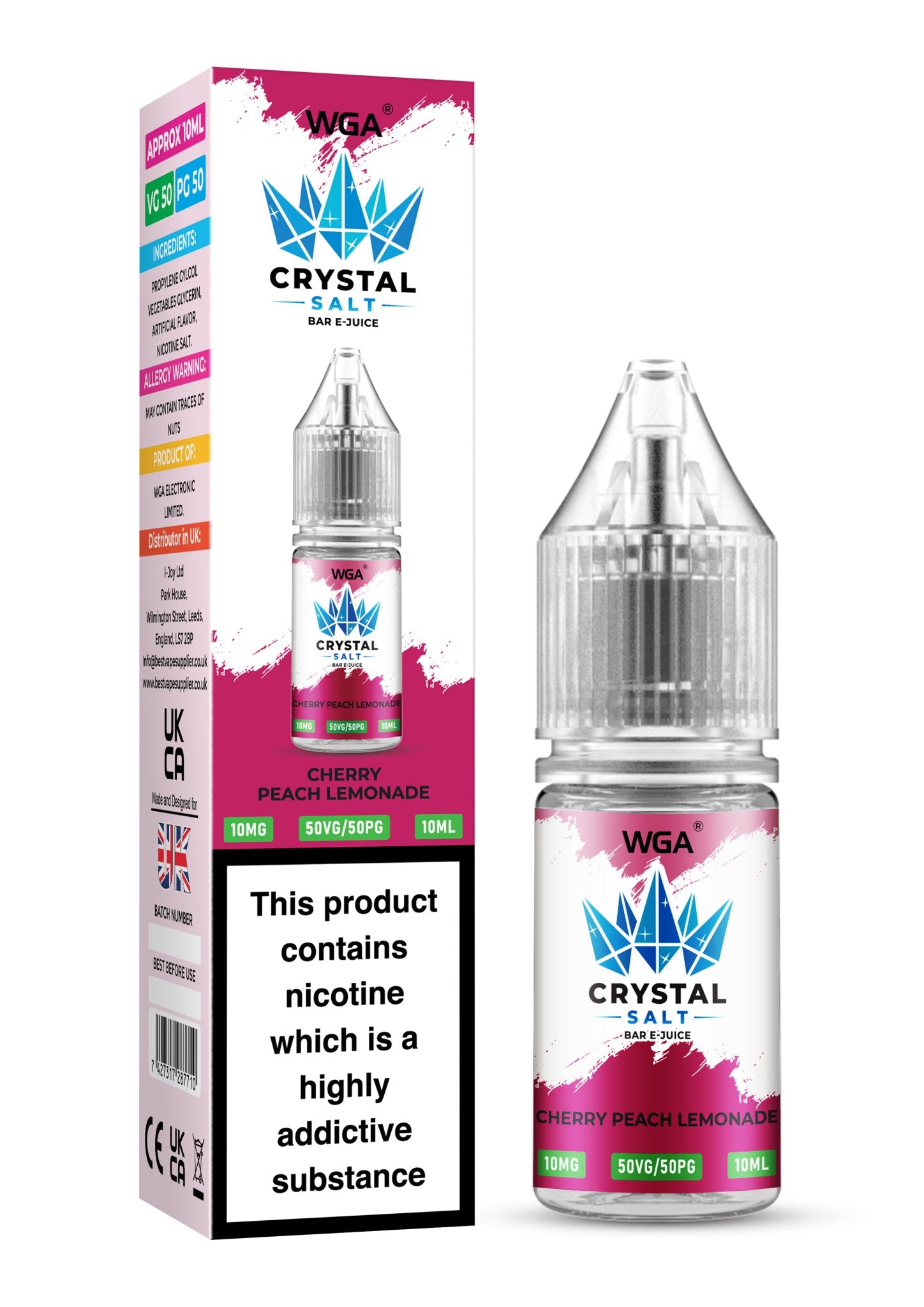 WGA Crystal Nic Salt 10ml E - Liquid Box of 10 - Wolfvapes.co.uk - Cherry Peach Lemonade