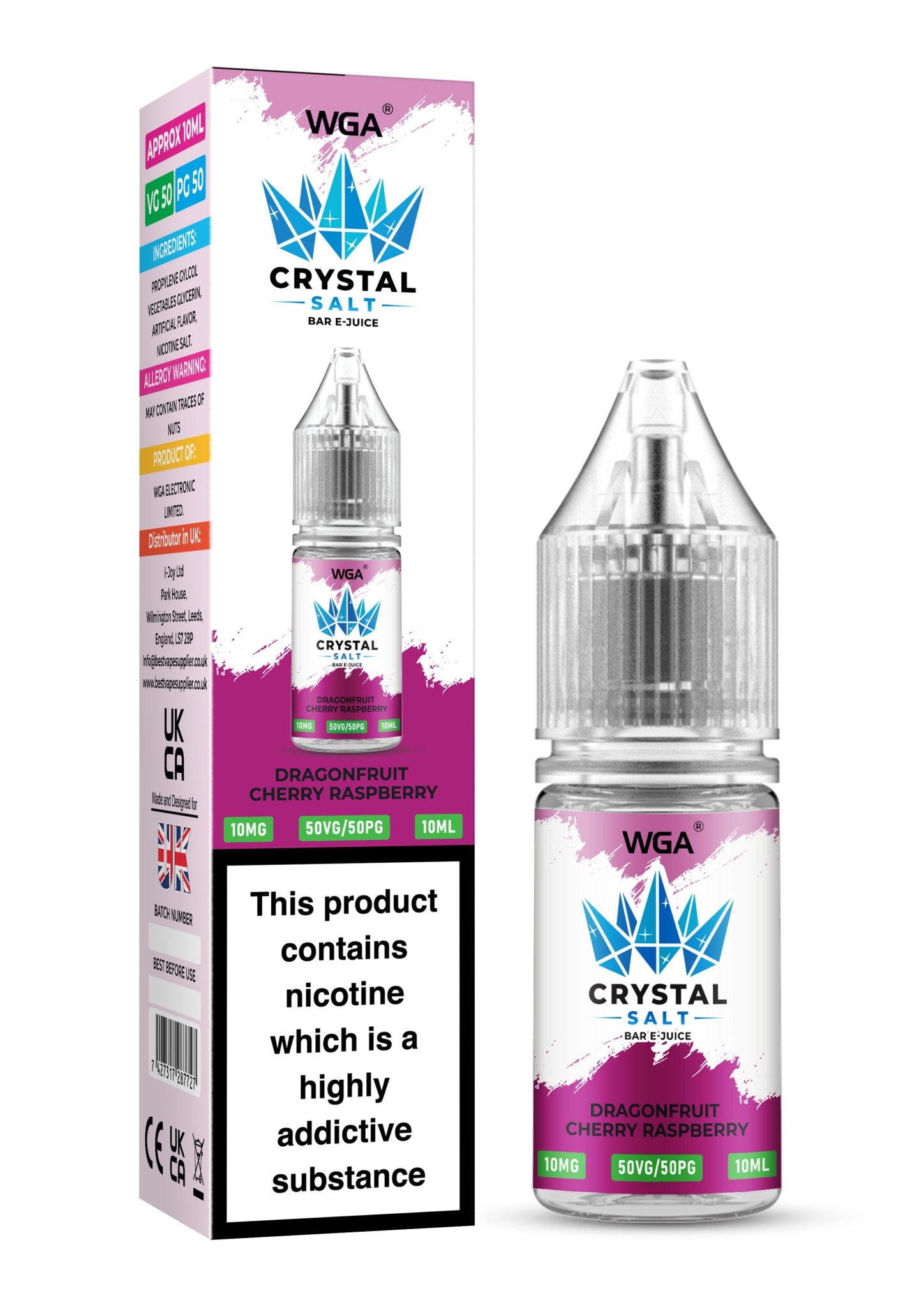 WGA Crystal Nic Salt 10ml E - Liquid Box of 10 - Wolfvapes.co.uk - Dragonfruit Cherry Raspberry