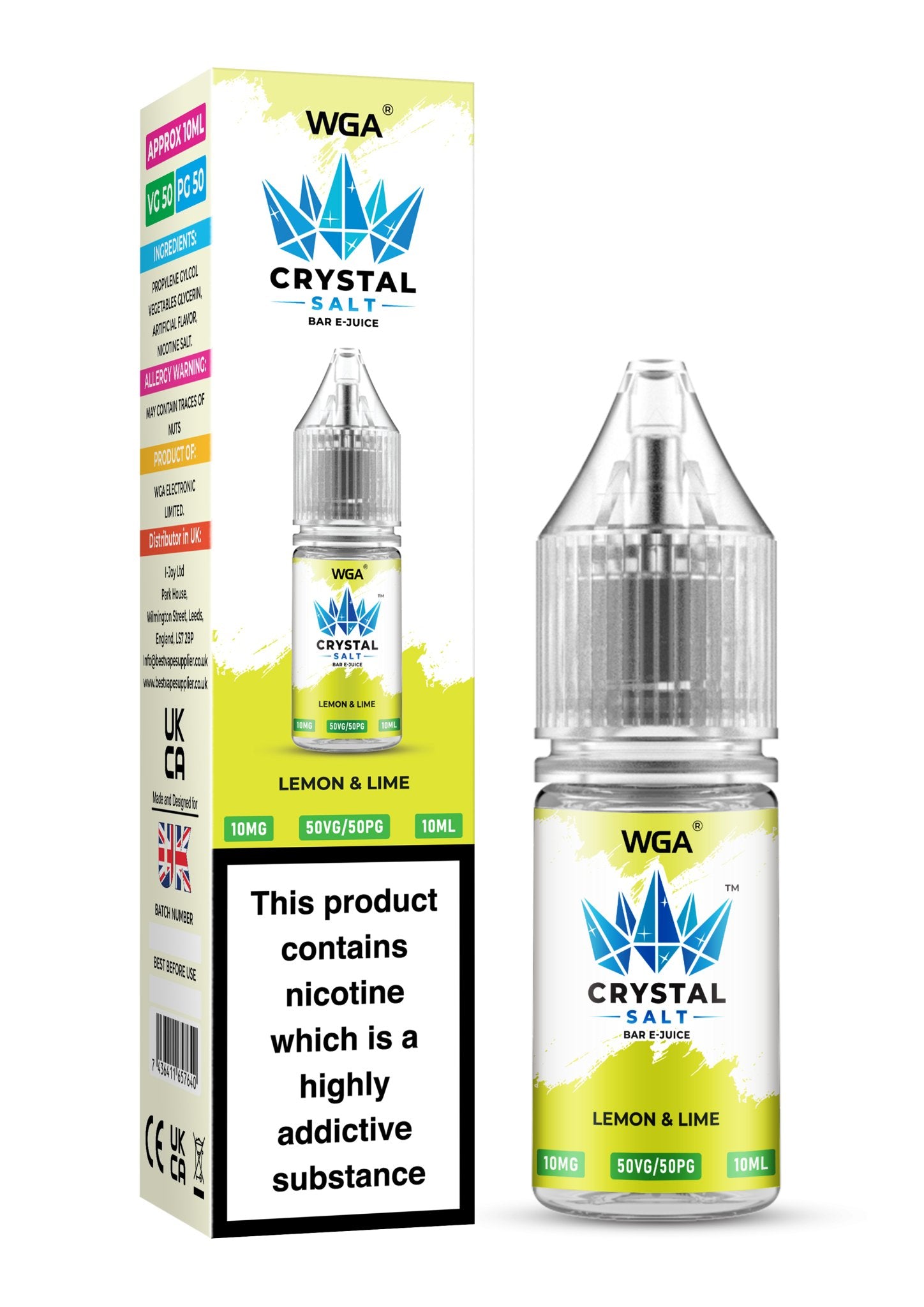 WGA Crystal Nic Salt 10ml E - Liquid Box of 10 - Wolfvapes.co.uk - Lemon & Lime