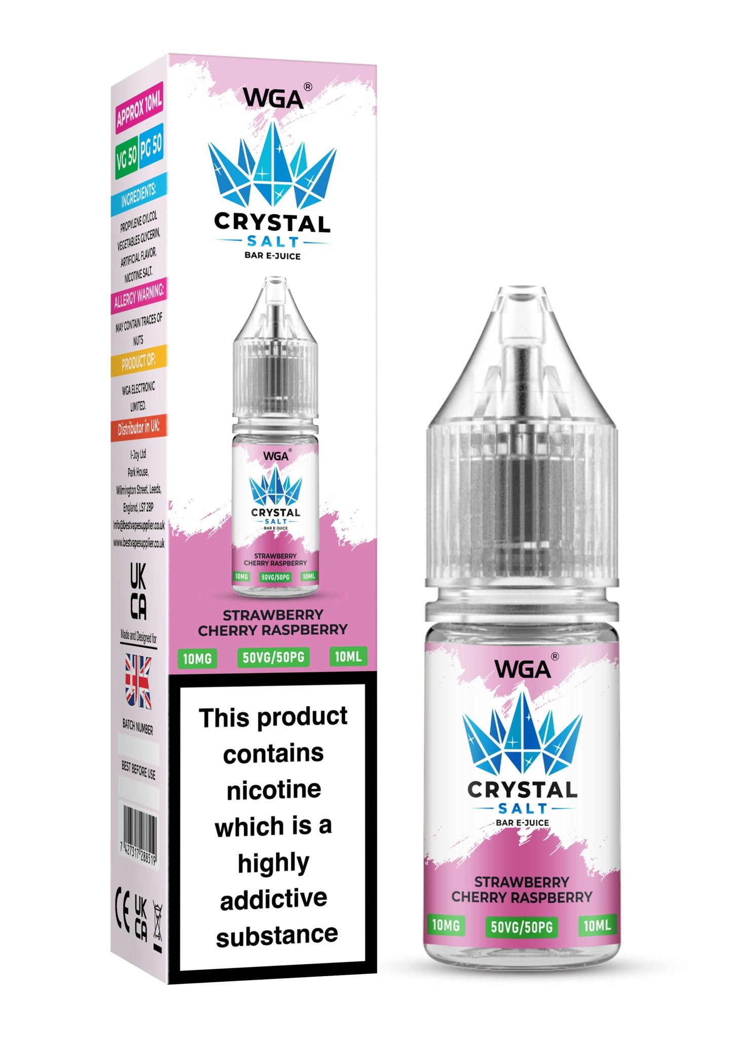 WGA Crystal Nic Salt 10ml E - Liquid Box of 10 - Wolfvapes.co.uk - Strawberry Cherry Raspberry