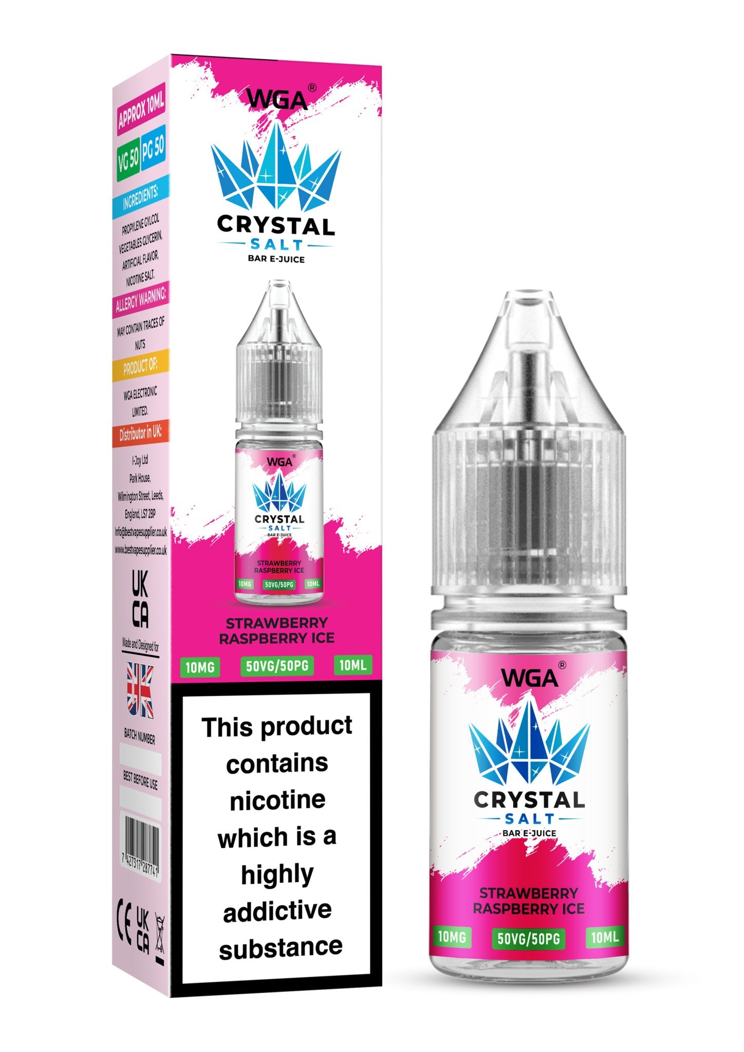 WGA Crystal Nic Salt 10ml E - Liquid Box of 10 - Wolfvapes.co.uk - Strawberry Raspberry Ice