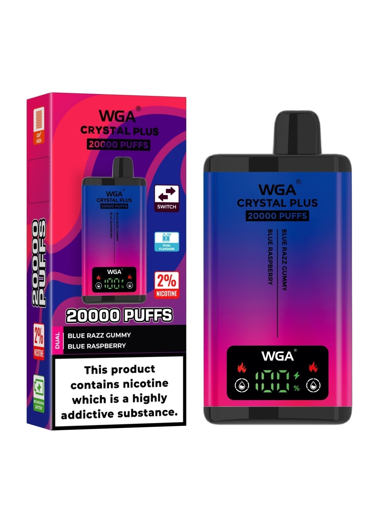 WGA Crystal Plus 20000 Disposable Vape - Box of 10 - Wolfvapes.co.uk - Blue Razz Gummy/Blue Raspberry