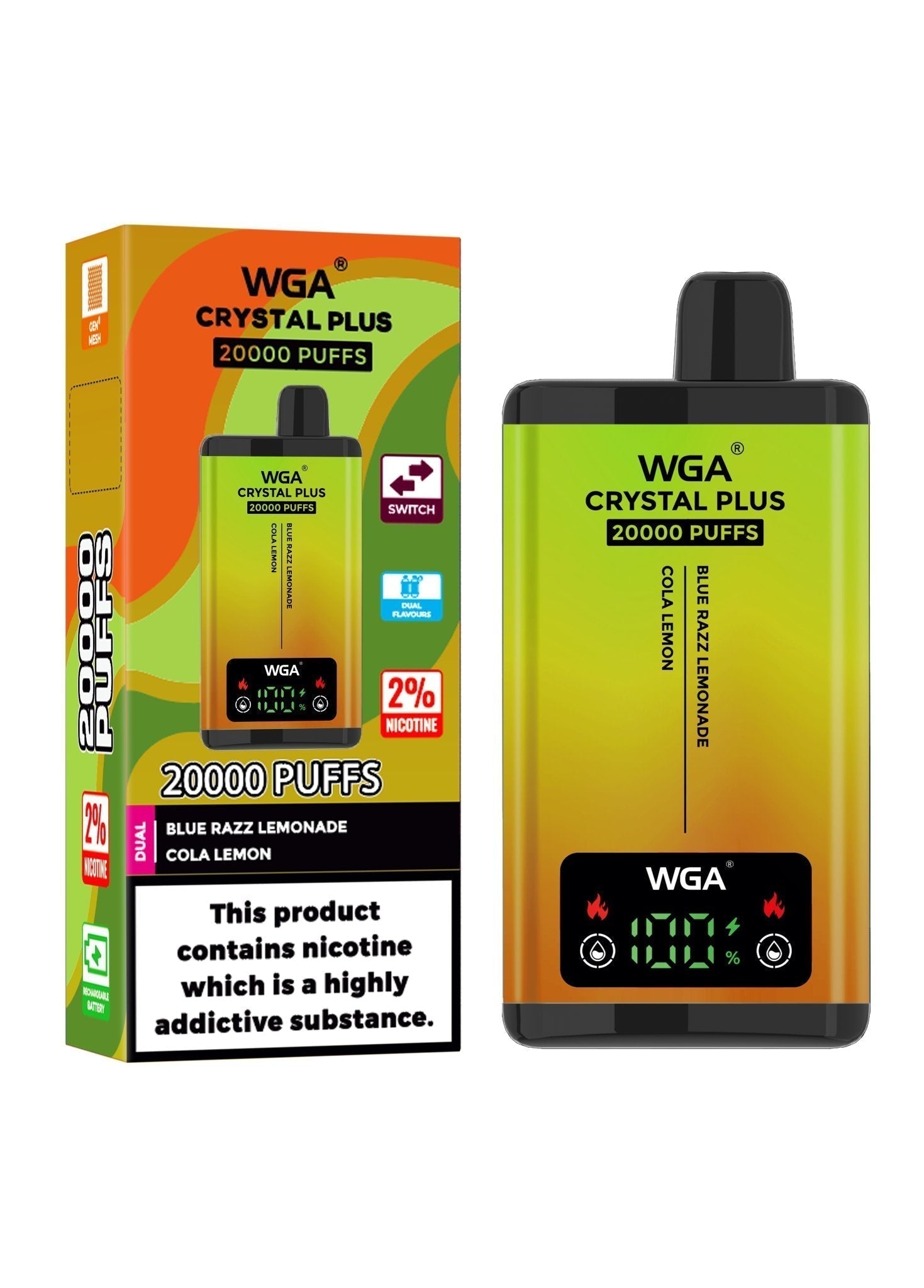 WGA Crystal Plus 20000 Disposable Vape - Box of 10 - Wolfvapes.co.uk - Blue Razz Lemonade/Cola Lemon