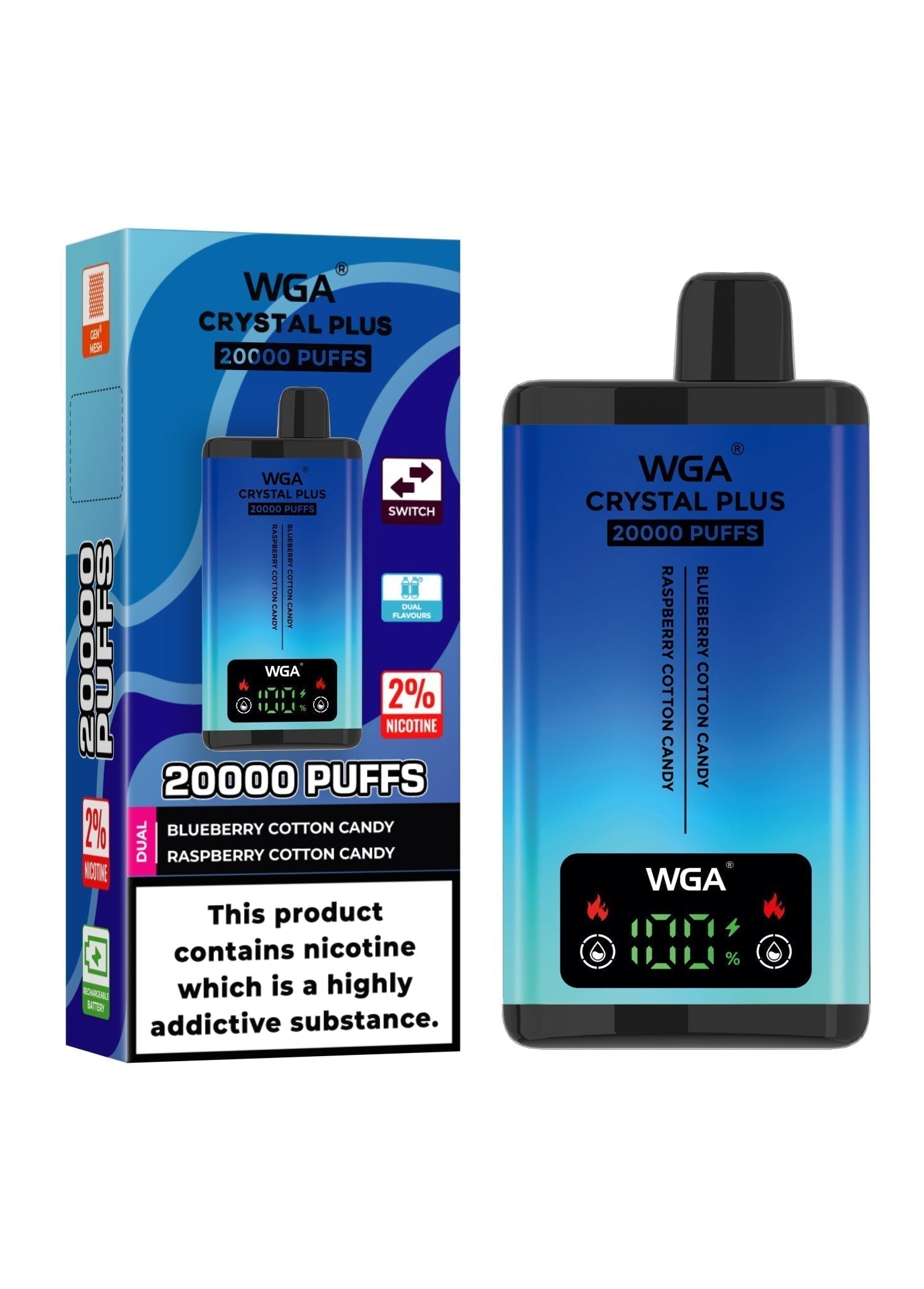 WGA Crystal Plus 20000 Disposable Vape - Box of 10 - Wolfvapes.co.uk - Blueberry Cotton Candy/Raspberry Cotton Candy