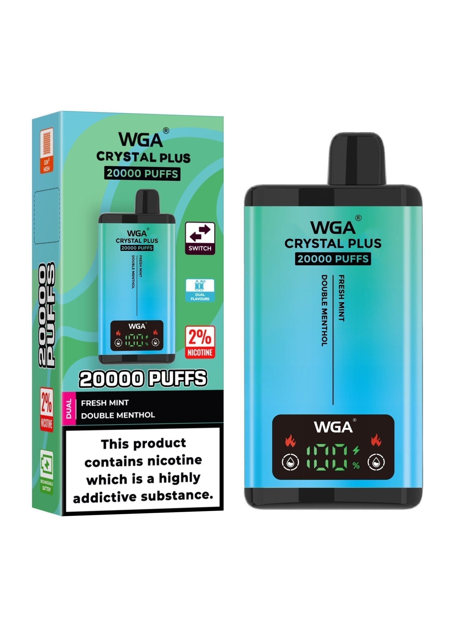 WGA Crystal Plus 20000 Disposable Vape - Box of 10 - Wolfvapes.co.uk - Fresh Mint/Double Menthol