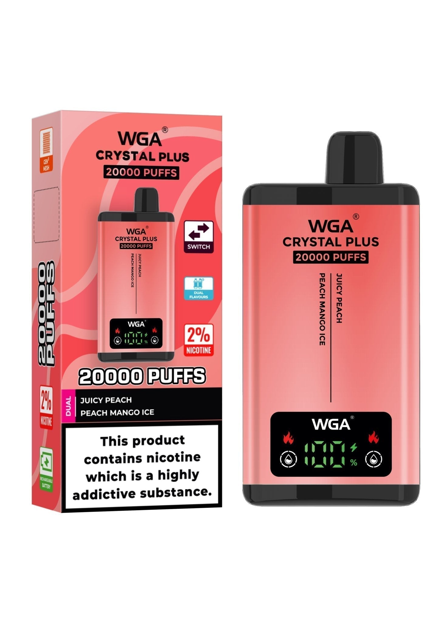 WGA Crystal Plus 20000 Disposable Vape - Box of 10 - Wolfvapes.co.uk - Juicy Peach/Peach Mango Ice