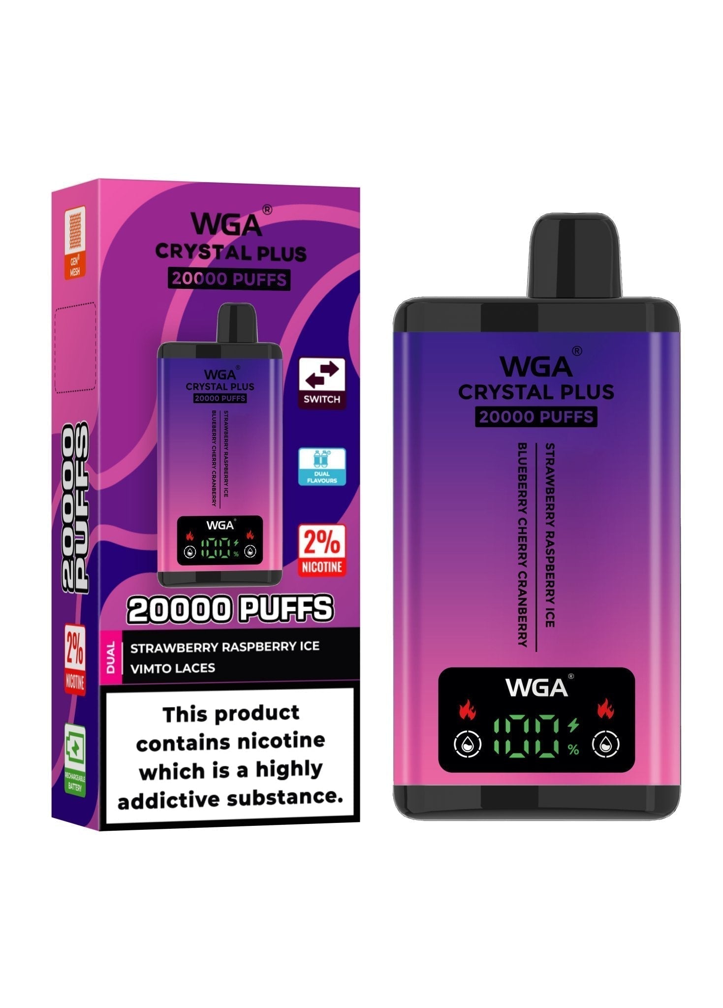 WGA Crystal Plus 20000 Disposable Vape - Box of 10 - Wolfvapes.co.uk - Strawberry Raspberry Ice/Blueberry Cherry Cranberry