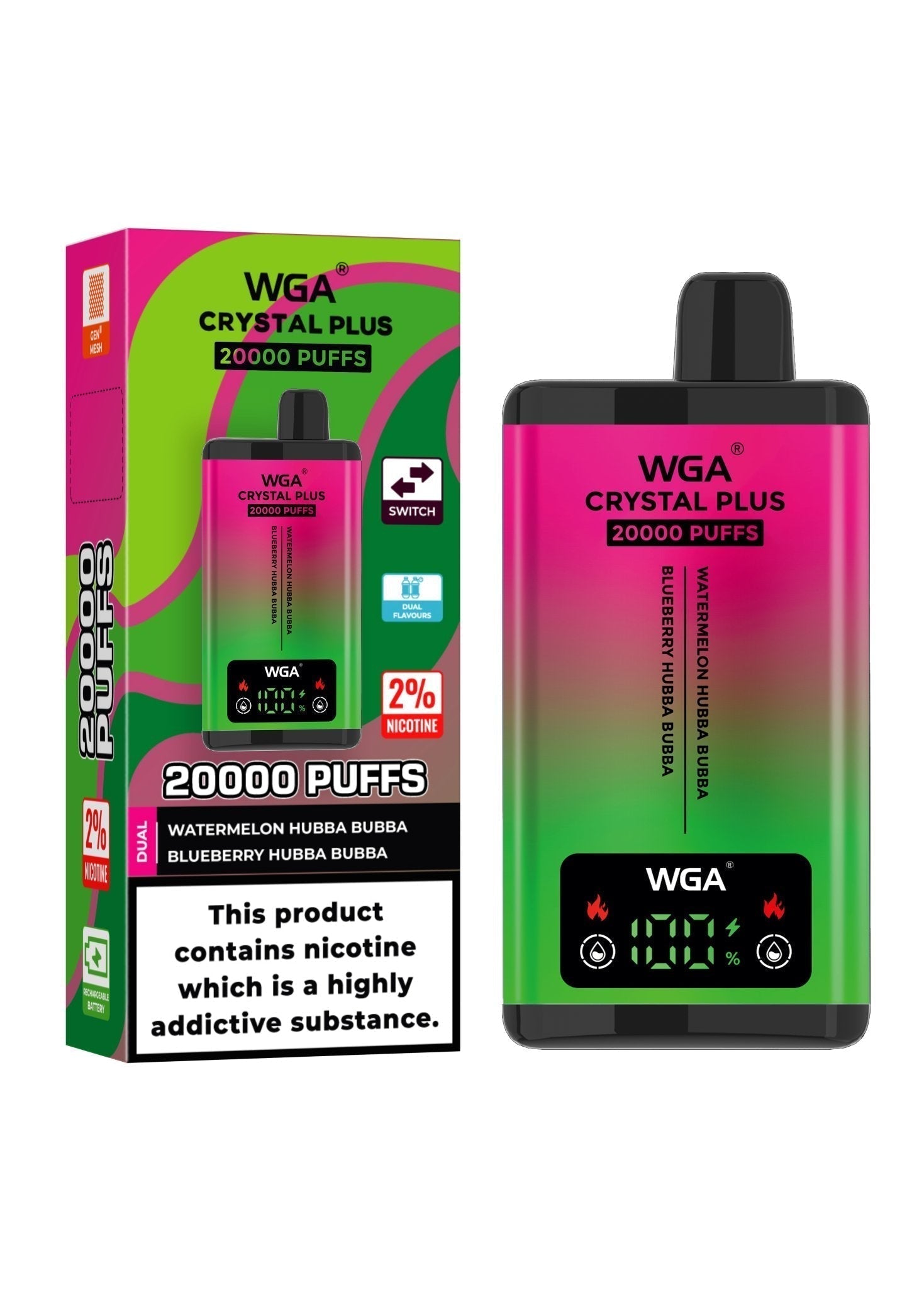 WGA Crystal Plus 20000 Disposable Vape - Box of 10 - Wolfvapes.co.uk - Watermelon Hubba Bubba/Blueberry Hubba Bubba