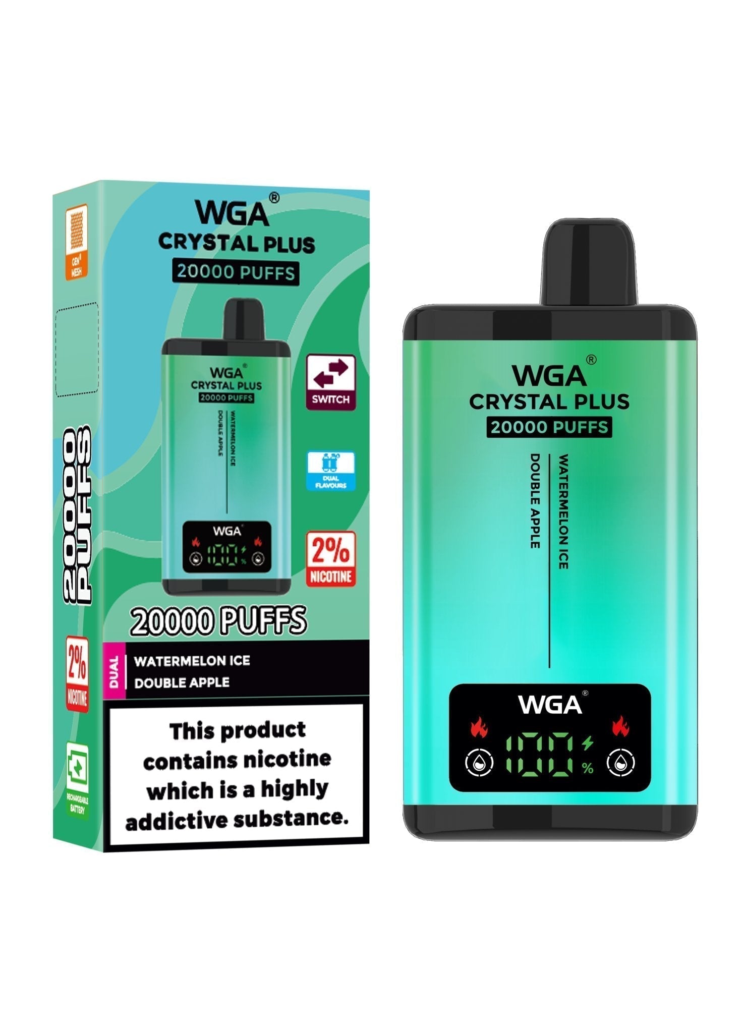 WGA Crystal Plus 20000 Disposable Vape - Box of 10 - Wolfvapes.co.uk - Watermelon Ice/Double Apple