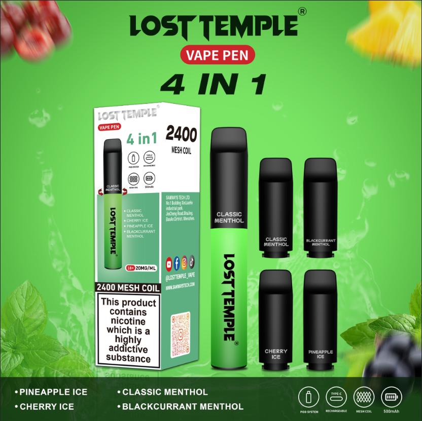 4 in 1 Lost temple 2400 Puffs Disposable Pod System Kit - Wolfvapes.co.uk-Green Edition
