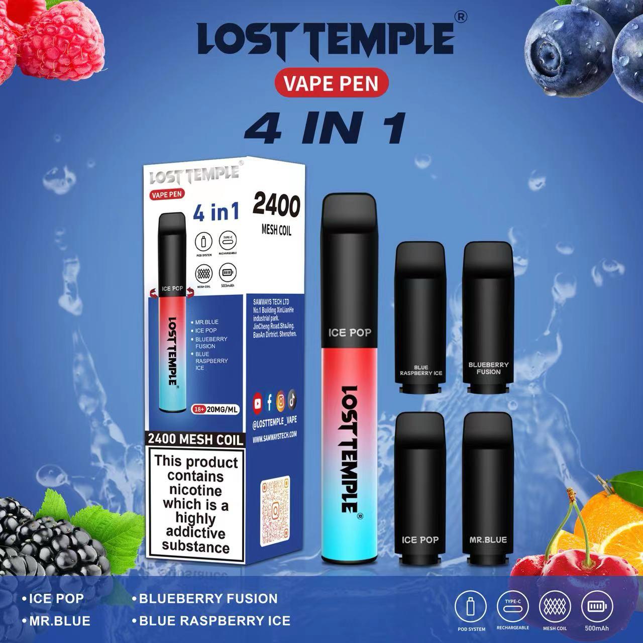 4 in 1 Lost temple 2400 Puffs Disposable Pod System Kit - Wolfvapes.co.uk-Red & Blue Edition