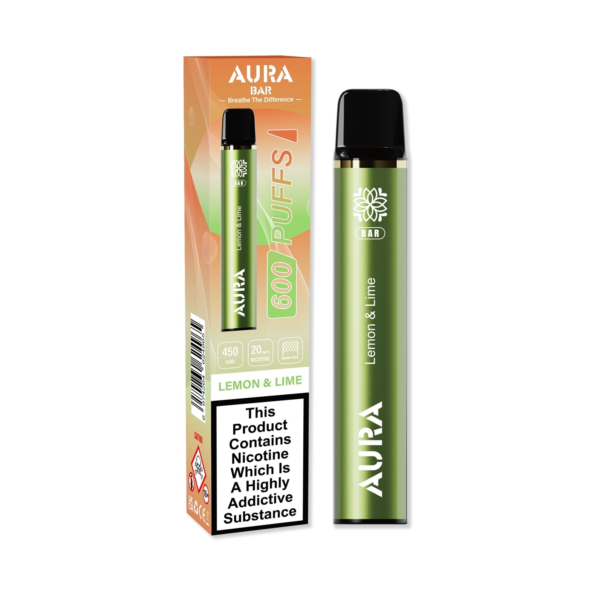 Aura Bar 600 Puffs Disposable Vape By Crystal Prime - Wolfvapes.co.uk-Lemon & Lime
