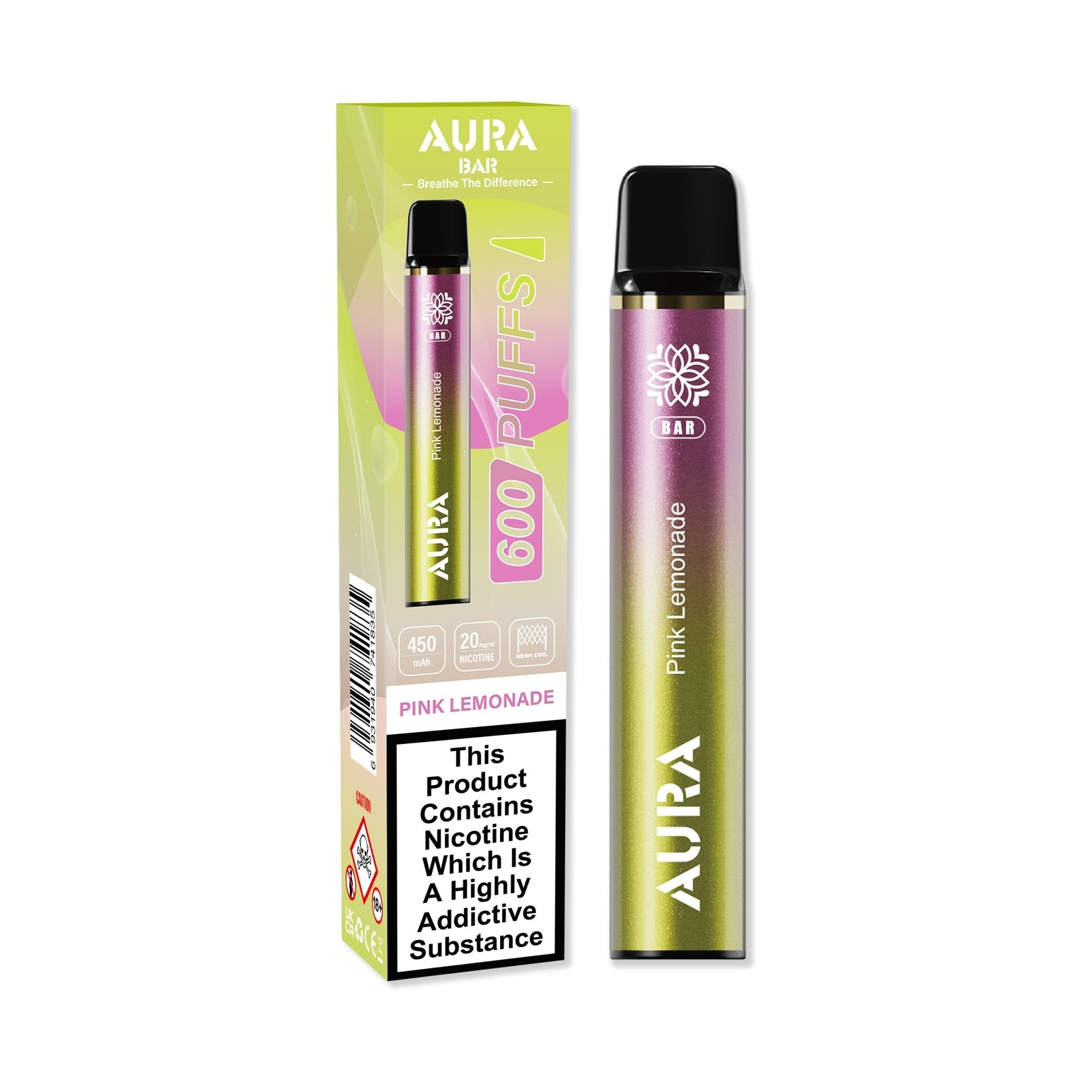 Aura Bar 600 Puffs Disposable Vape By Crystal Prime - Wolfvapes.co.uk-Pink Lemonade